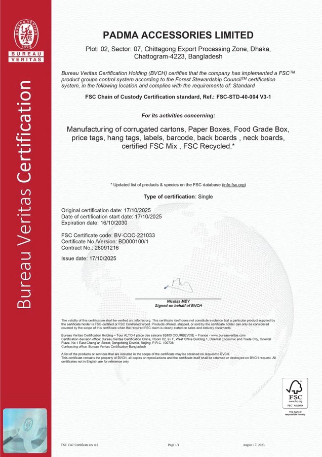 Certificate issued to Padma Accessories Limited by Bureau Veritas